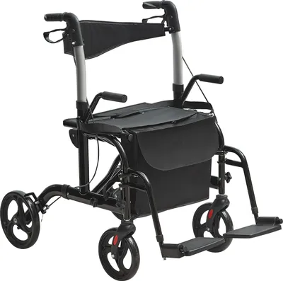 Immagine prodotto di VEVOR rollator e sedia da trasporto 2 in 1 combinazione rollator-sedia pieghevole e poggiapiedi rollator leggero in alluminio con maniglia regolabile ruote all-terrain 136 kg nero