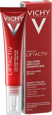 A product shot of a Vichy Liftactiv eye cream tube and its packaging.