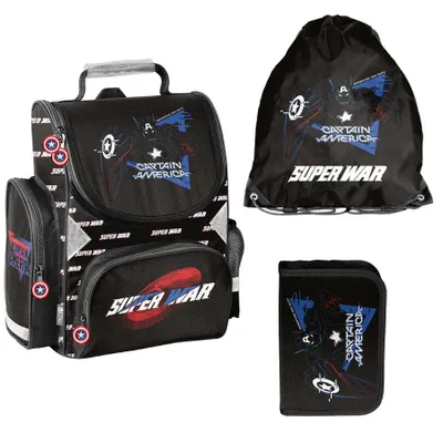 Produktbild von Schulranzen 3-tlg. Set für Mädchen & Jungen CAPTAIN AMERICA – Paso Ranzen, Mäppchen, Tasche