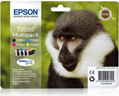 The image shows the packaging of Epson ink cartridges, featuring a close-up of a monkey's face.