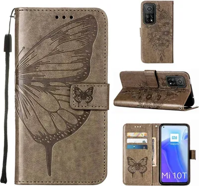 Produktbild von Xiaomi Poco M3 Pro 5G Hülle, Schmetterling Prägung Flip Leder Kartenfächer Schutzhülle Ledertasche mit Ständer für Xiaomi Redmi Note 10 5G / Poco M3 Pro 5G Grau