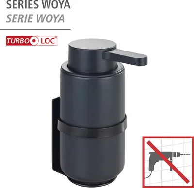 A black soap dispenser mounted on a wall bracket, with a logo and text indicating it is part of the 'Woya' series and uses 'Turbo-Loc' technology.
