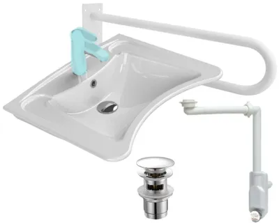 Immagine prodotto di Set completo: lavabo per disabili 60x50 cm CeraStyle - maniglione fisso 60 cm bianco - sifone - tappo.