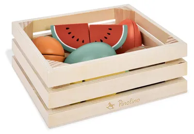 Produktbild von Pinolino Obst-Set mit Messer im Holzkorb, 8-tlg. Teilmassiv: Kiefer und Teebaumholz, bunt und klar lackiert