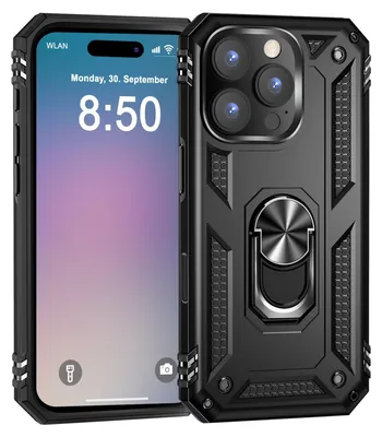 A black protective phone case with a ring holder is shown next to a smartphone displaying the time and date.