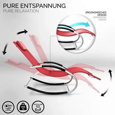A red rocking lounge chair is shown with arrows indicating movement and a close-up view of its ergonomic design.