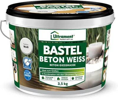 Produktbild von Ultrament Bastel Beton zum gießen| Hochwertige Gießmasse für kreative DIY-Projekte | Feuchtigkeits- & frostbeständig wasserdicht, Beton Gießmasse, Hellgrau, 3,5 Kg
