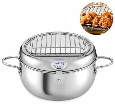 Produktbild von Tempura Fritteuse (4,2 L) aus Edelstahl 304 mit Thermometer und Ölabtropf-Rost – Für Hähnchen und Pommes – geeignet für Gas- und Induktionsherde