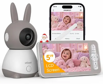 Zdjęcie produktu dla Niania cyfrowa 2K z kamerą PTZ (obracaną w poziomie o 355°), 5-calowy monitor, automatyczne śledzenie, wykrywanie płaczu, pomiar temperatury i wilgotności
