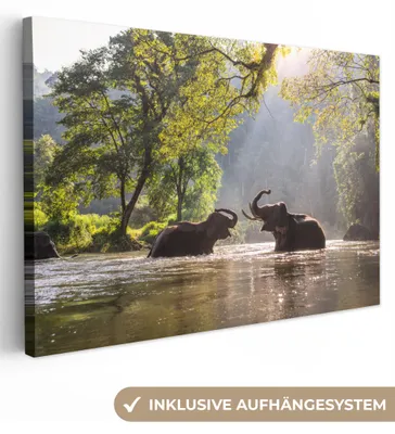 Produktbild von MuchoWow® - Leinwandbilder - Elefant - Wasser - Tiere - Bäume - Sonne, Wandbild, Wanddeko Bilder Wohnzimmer, 120x80 cm