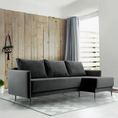 Produktbild von Ecksofa Pedro, Wohnzimmer, Schlafsofa Sofa 3-Sitzer Sofa freistehendes Polstersofa Bettkasten 230 cm rechte Ottomane Schwarz (Kronos 07, Poso 135)