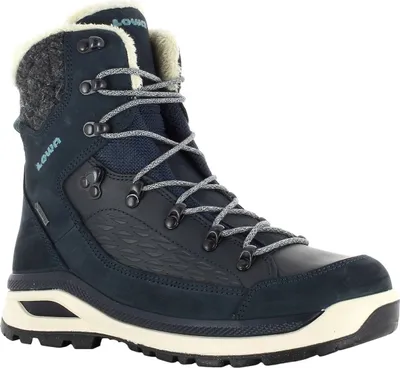 A single navy blue winter boot shown from a three-quarter angle against a white background.