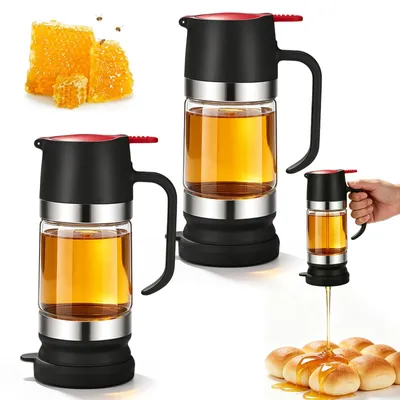 Produktbild von EQULIUS 2er Honigspender Glas mit Griff 300ml, Tropfsicheres Honigglas, Tropfsicherer Glas-Honigspender mit Halterung, Kaffee Sirup Spender Für Kaffee/Oder/Tee/Honig/Sirup, Honig Hält Frisch(Schwarz)