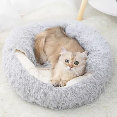 Katzenbett Mit Höhle – Beruhigendes Haustierbett 66x66 Cm, Waschbar, Kuschelig Weich (Blau)
