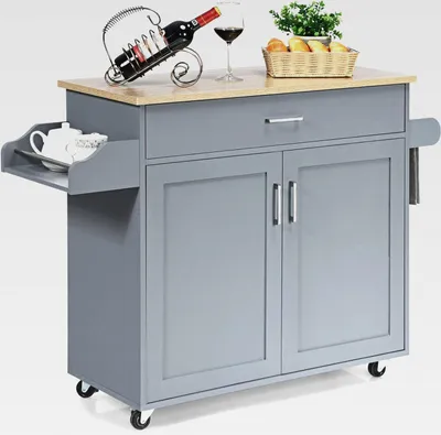 Produktbild von Küchenwagen mit Rollen, Servierwagen aus Holz, Rollwagen mit Schublade, Handtuchhalter, Gewürzboard & Verstellbarer Ablage, Kücheninsel Küche, Kücheninselwagen Küchenschrank (Grau)