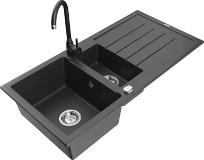 Produktbild von Mexen Andres 1,5-Becken-Granitspüle mit Abtropffläche und Mischbatterie Telma, Schwarz gesprenkelt - 6515-76-670200-70