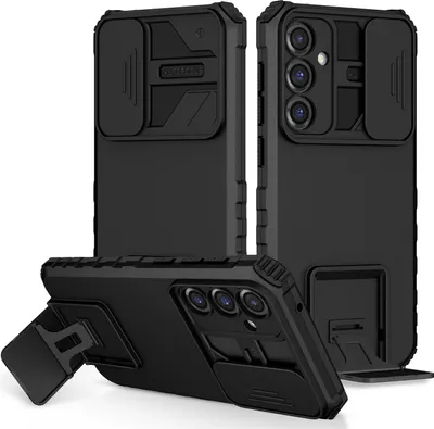Produktbild von Dual Layer Hülle für Samsung Galaxy S23 FE Stossfest Robust Ständer Schutzhülle mit Schiebe Kamera Schutz Schwarz