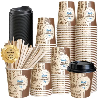 Wegwerpkoffiebecher 200 ml mit Deckel, 100 Stück, Papier, Weiß
