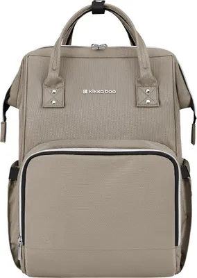 A front view of a beige backpack.