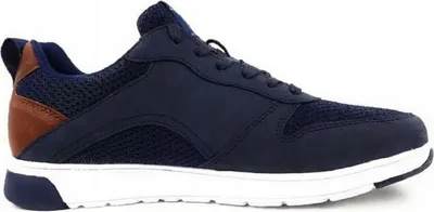 A side view of a single blue sneaker against a white background.
