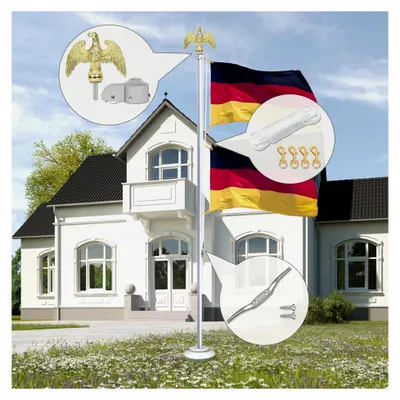 Produktbild von Zubehörset für Fahnenmast mit Adler, Reparaturset für Fahnenmast, Reparaturteile für Fahnenmast inkl. Adler, Seil, Karabiner, Klampe, Aluminium-Topper mit Seilrolle (Gold)