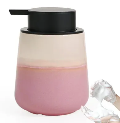 Obrázek produktu pro Dávkovač mýdla z keramiky, růžová barva, objem 350 ml, s velkou pumpou, vhodný do kuchyně i do koupelny