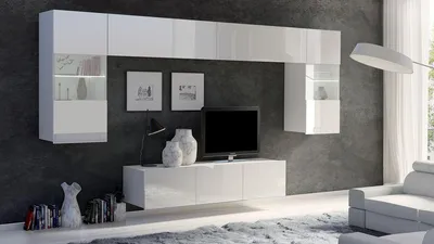 Produktbild von Wohnwand CALABRINI-2 Wohnzimmer-Set Hängewohnwand Schrankwand mit LED-Beleuchtung TV-Schrank Vitrine Moderne Anbauwand Hochglanz (Weiß Hochglanz)
