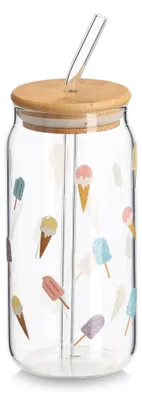 Produktbild von ZELLER 19067 Trinkglas ICE CREAM mit Bambusdeckel und Glastrinkhalm, Ø 7,5 x 15,5 cm