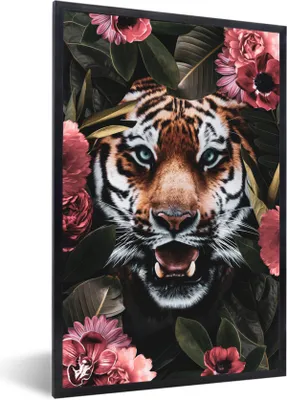 Produktbild von MuchoWow® MuchoWow® Gerahmtes Poster Rosa - Tiger - Pflanzen 40x60 cm - Poster mit zchwarzem Bilderrahmen - Papierdruck - Wandbilder