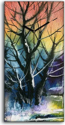 Produktbild von Küche Wohnzimmer Wand Leinwand Uhr 30x60 Wasserfarbe Landschaft Wald Bäume - schwarze Hände