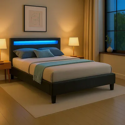 Produktbild von Polsterbett MIRASOL 120x200 cm, Schwarz - Einzelbett mit LED Beleuchtung im Kopfteil, inkl. Fernbedienung, Jugendbett aus Kunstleder mit Lattenrost