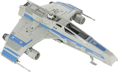 A Star Wars E-Wing starfighter toy with a droid.