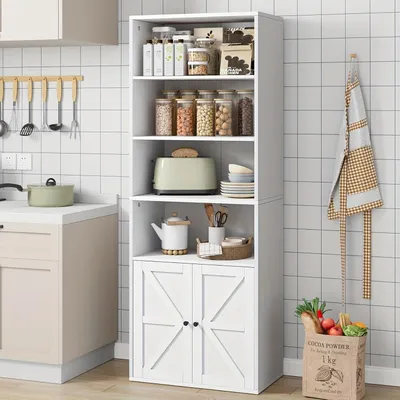 Zdjęcie produktu dla Półka na książki - Regał - Otwarta półka - Szafka z przegródkami - Półka do przechowywania - Białe drewno - 6 przegródek z drzwiczkami