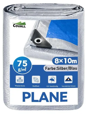 Obrázok produktu pre Plachta 8 x 10 m – 75 g/m², vodeodolná, PE, strieborná/modrá, s vystuženými okami