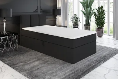 A black boxspring bed with a white mattress and topper is shown in a bedroom setting with plants and decorative elements.