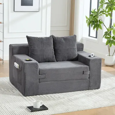 Produktbild von okwish Klappsofa mit 2 Kissen und Becherhalter,Modernes 2-Sitzer Schlafsofa mit seitlicher Aufbewahrung, klassisches Sofa in Grau