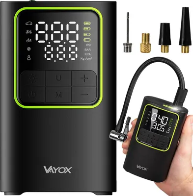 Zdjęcie produktu dla Elektryczna pompa powietrza, akumulatorowa pompa powietrza, przenośny materac powietrzny z akumulatorem 4000 mAh, elektryczna sprężarka powietrza 150PSI, mini kompresor z wyświetlaczem LCD VA0409 Vayox
