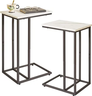 Produktbild von Stilvolle C-förmige Beistelltisch Set von 2 mit Marmorlook und schwarzem Metallrahmen