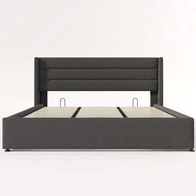 Obrázek produktu pro okwish čalouněná postel hydraulická dvoulůžková úložná postel 180x200cm, dřevěný laťkový rošt, postel s kovovým roštem laťkový rošt, povlečení, šedá