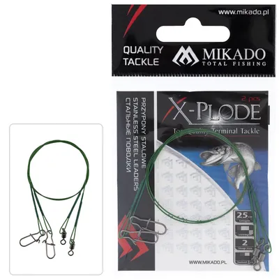 Immagine prodotto di Mikado, 2 lenze in acciaio, lunghezza 25 cm, capacità 15 kg, con anello di collegamento n. 8 e moschettone di sicurezza, ideali per la pesca del luccio e del persico