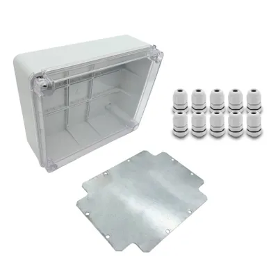 Produktbild von ARLI SET: Abzweigdose IP67 Sichttür Aufputz 250 x 200 x 90 mm inkl. Montageplatte + 10x Kabelverschraubungen M12 x 1,5 mm