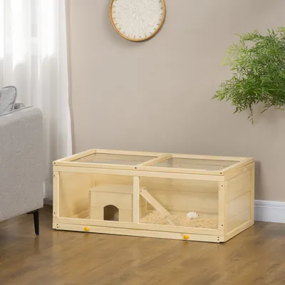 Produktbild von PawHut Hamsterkäfig mit Acrylplatte, 100 x 58 x 38 cm, Hamsterhaus aus Holz mit Klappdeckel, abnehmbarem Tablett und Nest für Chinchillas, Kaninchen, Natur