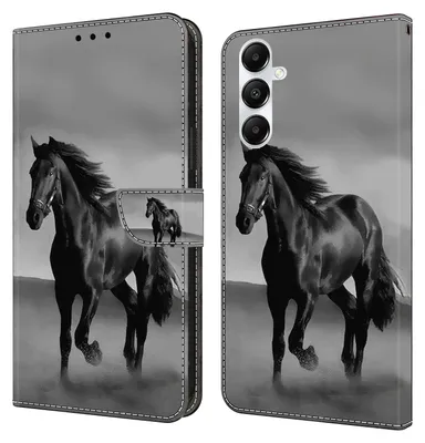 A collage of a black leather flip phone case with a horse image, shown open and closed.
