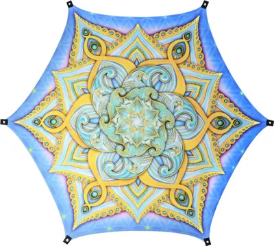 Produktbild von PSYWORK Schwarzlicht Segel Elasthan Mandala "Blue Sacred Church", 2,25x2,25m UV-aktiv Partydeko