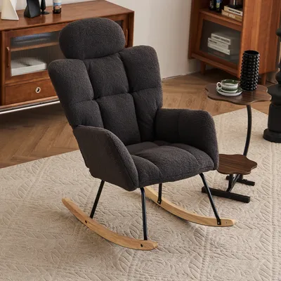 Produktbild von okwish Schaukelstuhl，Relaxsessel，Loungesessel aus Teddystoff，mit Schutzfunktion，Schaukelbeine aus Holz，Dunkelgrau