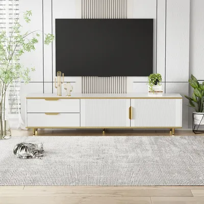 Immagine prodotto di Mobiletto TV con piedini in metallo, lavagna TV con accenti dorati, piedini in metallo e vano portaoggetti, tavolo TV L:175cm, bianco