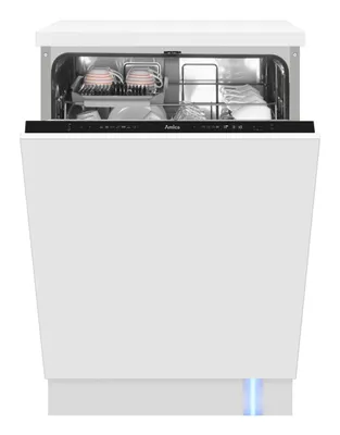 A white, fully integrated dishwasher with its door open, showing the interior racks and dishes.