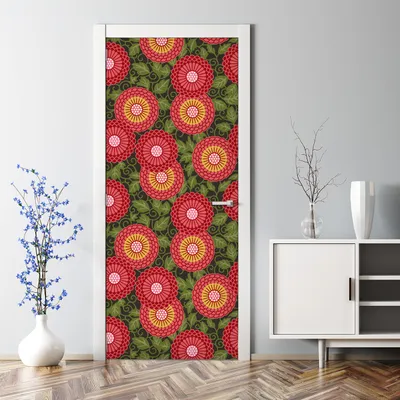 Produktbild von Dekorative Türposter selbstklebend Wandaufkleber Türaufkleber Blumen rot und grün 77 x 200 cm