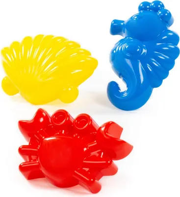 Produktbild von Polesie 36551 Förmchen 3 Stück (Krabbe, Seepferdchen, Muschel) in einem Netz
