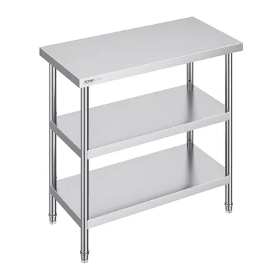 A stainless steel preparation table with three shelves, shown from a three-quarter angle against a white background.